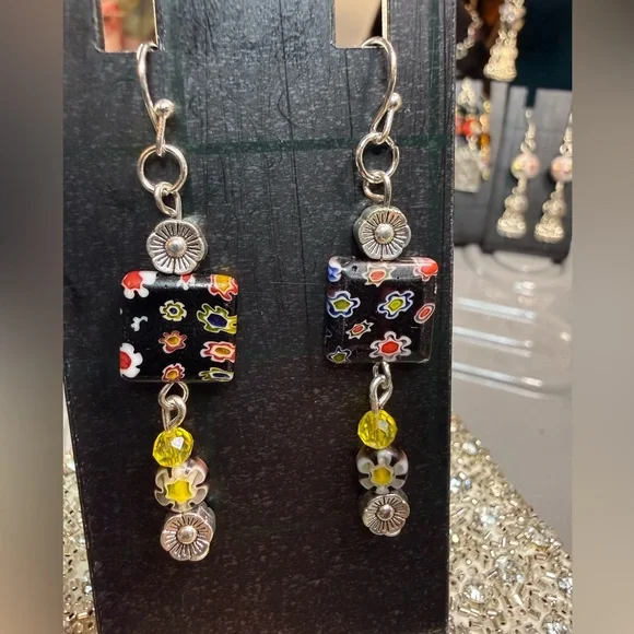 Artisan Murano Millefiori and Yellow Crystal Beaded Earrings - Picture 3 of 5